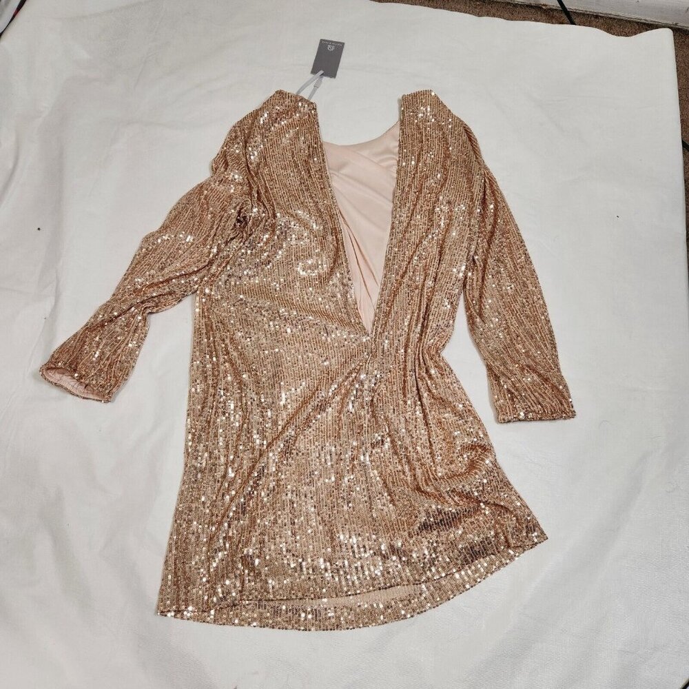 Preston & York Rosa Sequin Dress Long Blouson Sleeve Champagne Gold Size 16 (12) - Picture 9 of 15